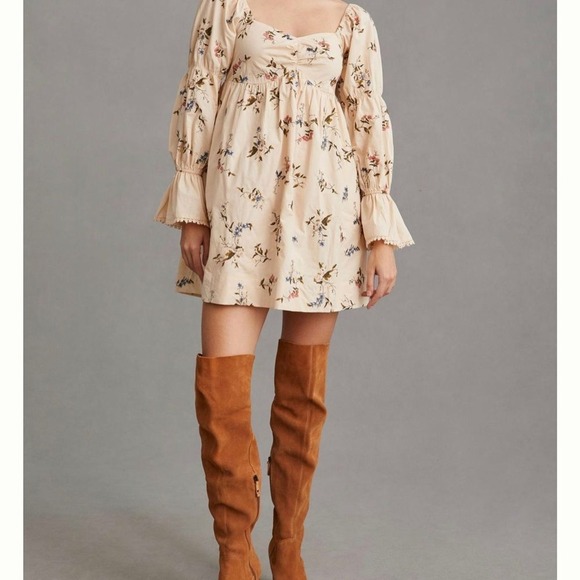 Anthropologie embroidered long sleeve mini floral peasant baby doll dress XS - Picture 1 of 15